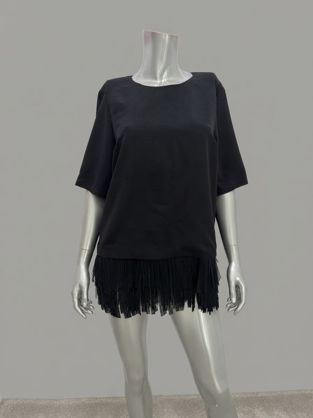 Banana Republic Crepe Fringe Top Black Chiffon Hem Elbow Sleeve Size S